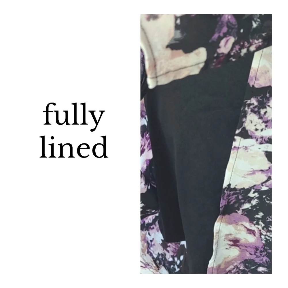 Retro Purple Black Cream Floral Print Short Sleeve Dress - Picture 4 of 5